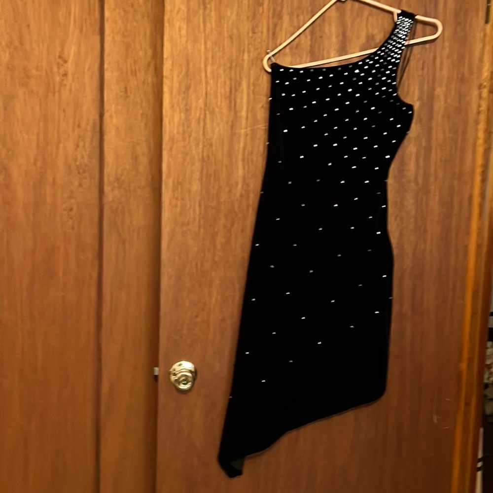 Black velvet one shoulder cocktail dress with rhinestone top.  Mid length